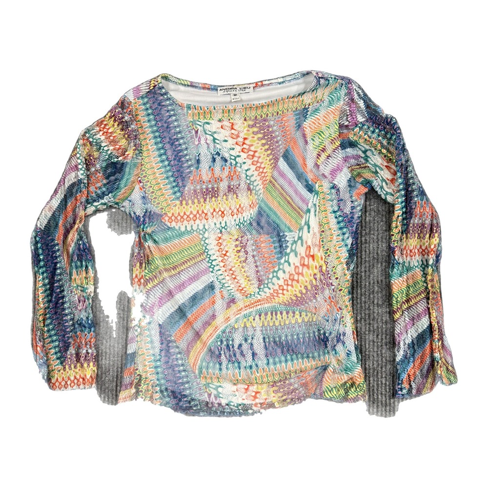 Andria Lieu Collection Multicolor Abstract Mesh Boat Neck Top Lined Size M USA